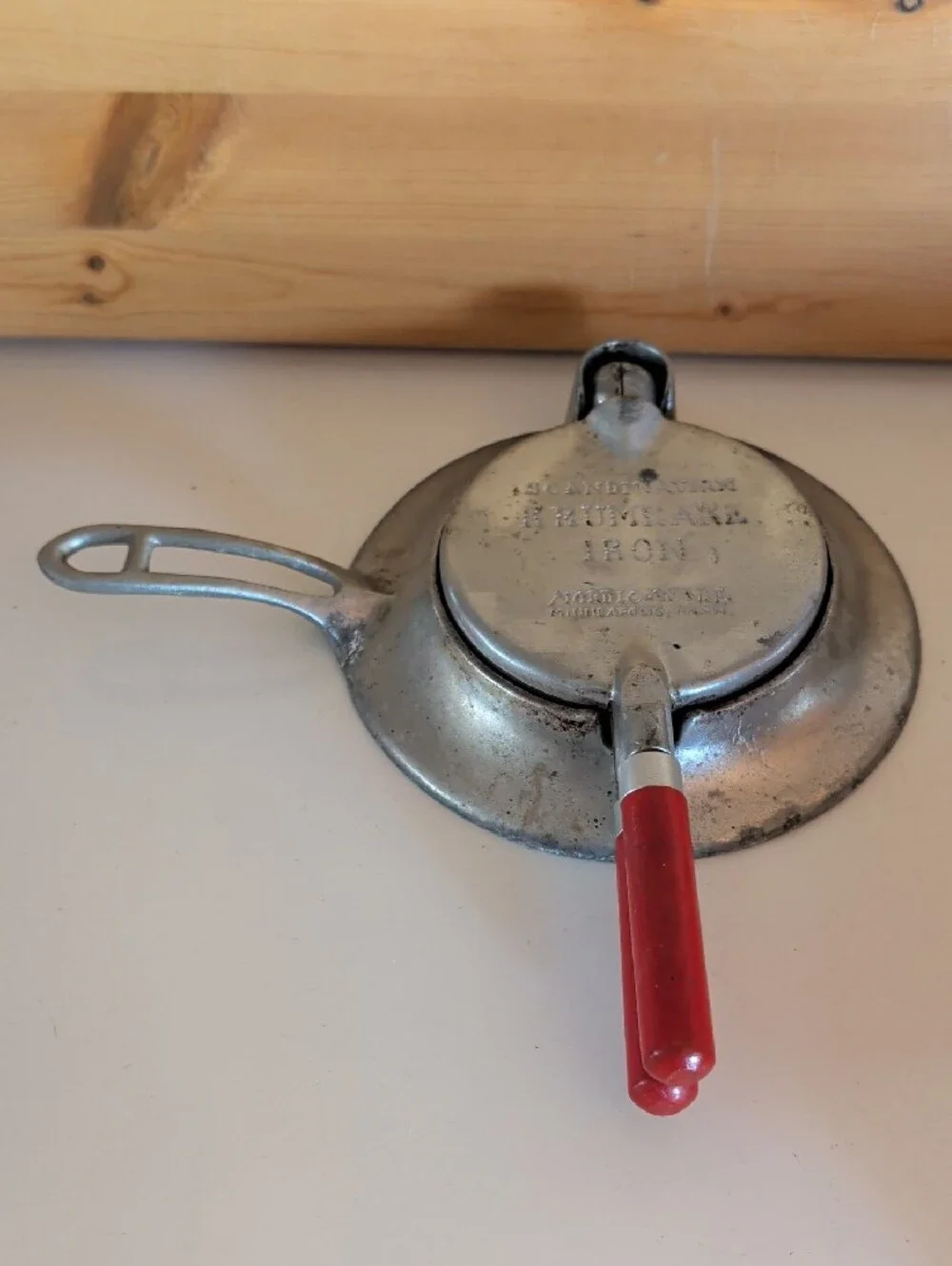 VTG. Nordic Ware Krumcake Iron.Red-Handled Cast Aluminum Stove-Top Ironing Press